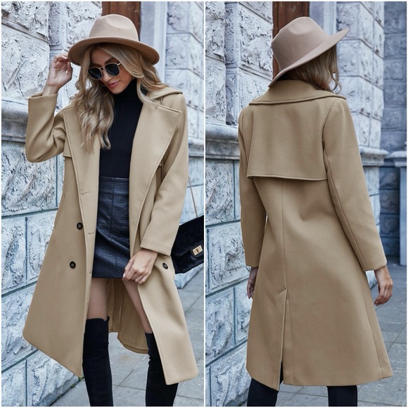 Black wide collar button double breast trench Coat - Picture 6 of 7